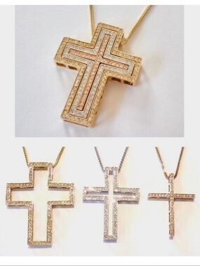 3 CROSS DIAMOND 15.5 Grams Pendant Necklace in 14K Yellow, White, Rose Gold